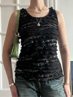 Size Small Black Y2K Daniel Laurent Ruffle Tank Top